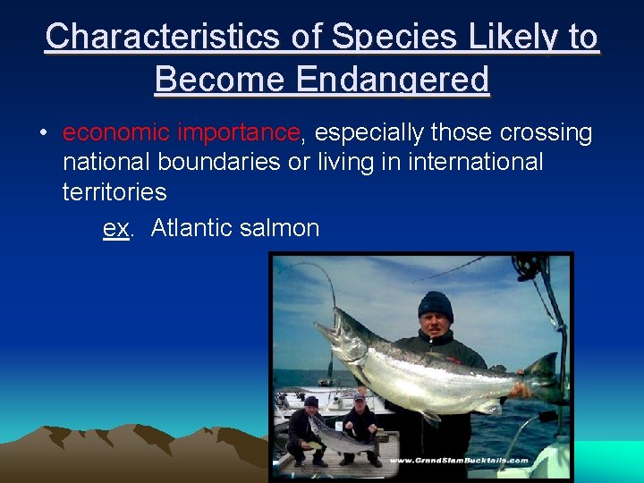 Characteristics of Species Likely to Become Endangered • economic importance, especially those crossing national