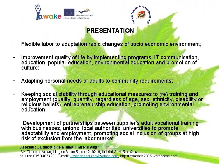 PRESENTATION • Flexible labor to adaptation rapid changes of socio economic environment; • Improvement