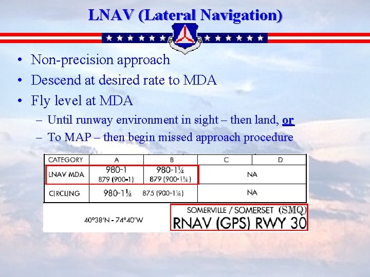 LNAV (Lateral Navigation) • Non-precision approach • Descend at desired rate to MDA •