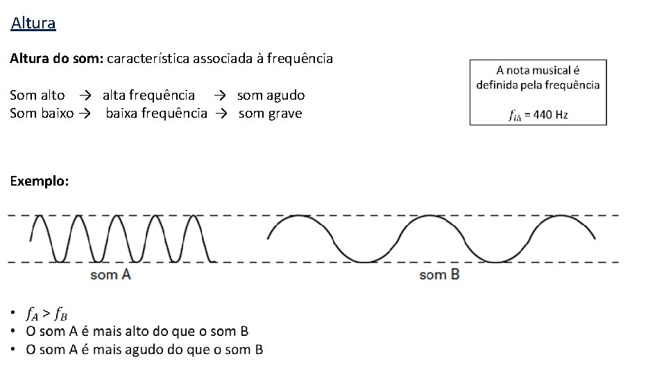 Altura do som: característica associada à frequência Som alto → alta frequência → som