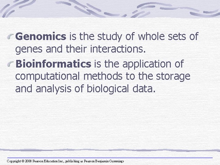 Genomics is the study of whole sets of genes and their interactions. Bioinformatics is