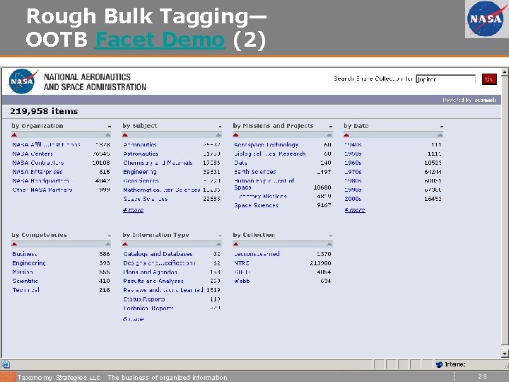 Rough Bulk Tagging— OOTB Facet Demo (2) Taxonomy Strategies LLC The business of organized