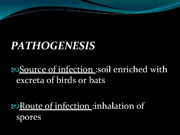 PATHOGENESIS Source of infection : soil enriched with excreta of birds or bats Route