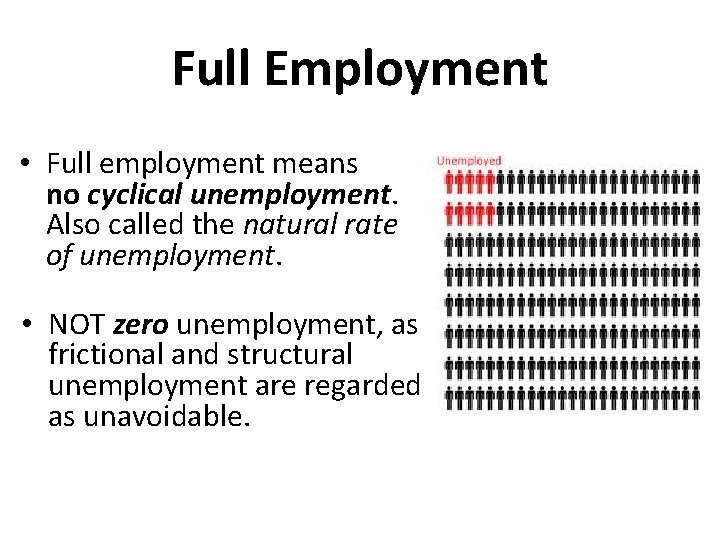 Full Employment • Full employment means no cyclical unemployment. Also called the natural rate