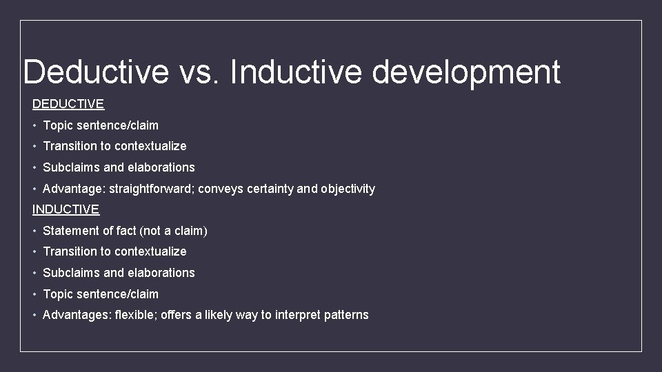 Deductive vs. Inductive development DEDUCTIVE • Topic sentence/claim • Transition to contextualize • Subclaims