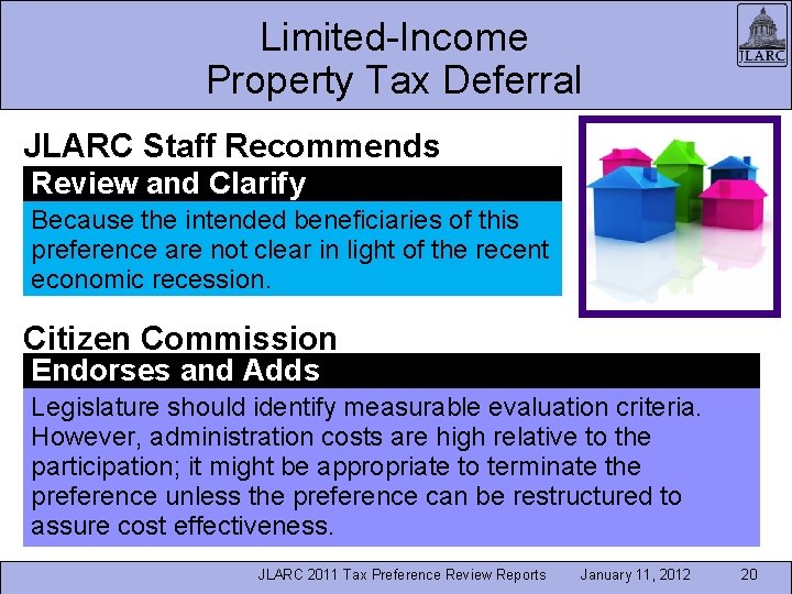 Limited-Income Property Tax Deferral JLARC Staff Recommends Review and Clarify Because the intended beneficiaries