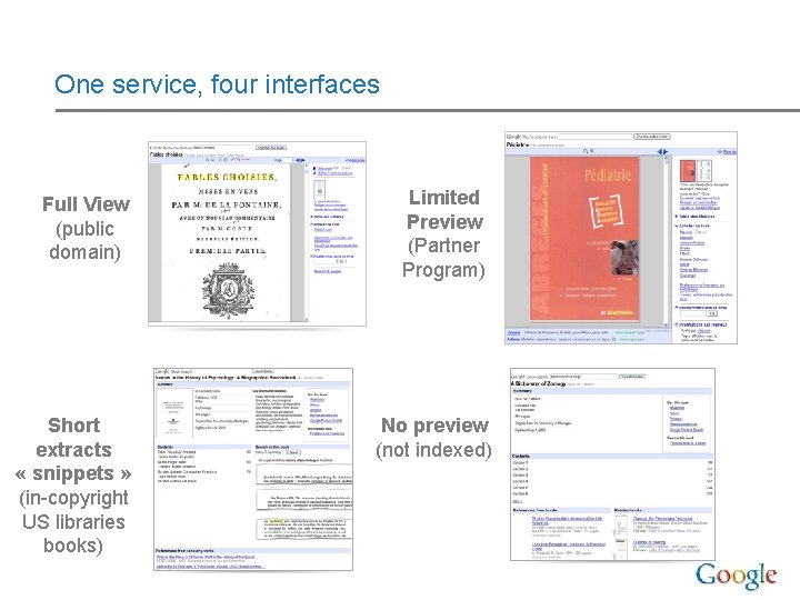 One service, four interfaces Full View (public domain) Short extracts « snippets » (in-copyright