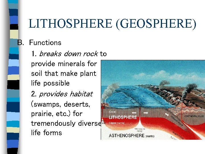 LITHOSPHERE (GEOSPHERE) B. Functions 1. breaks down rock to provide minerals for soil that