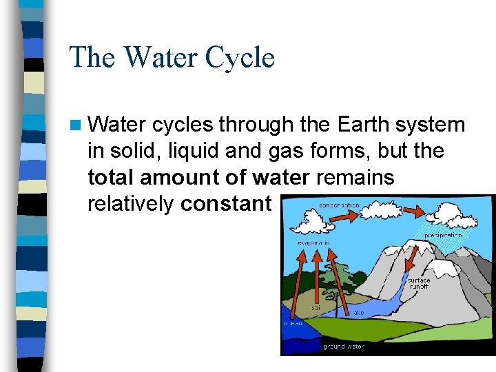 The Water Cycle n Water cycles through the Earth system in solid, liquid and
