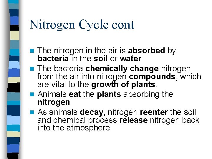 Nitrogen Cycle cont The nitrogen in the air is absorbed by bacteria in the