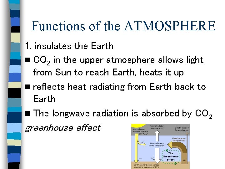 Functions of the ATMOSPHERE 1. insulates the Earth n CO 2 in the upper