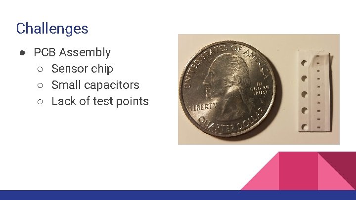 Challenges ● PCB Assembly ○ Sensor chip ○ Small capacitors ○ Lack of test