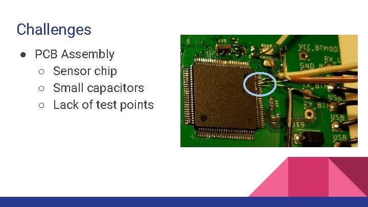 Challenges ● PCB Assembly ○ Sensor chip ○ Small capacitors ○ Lack of test
