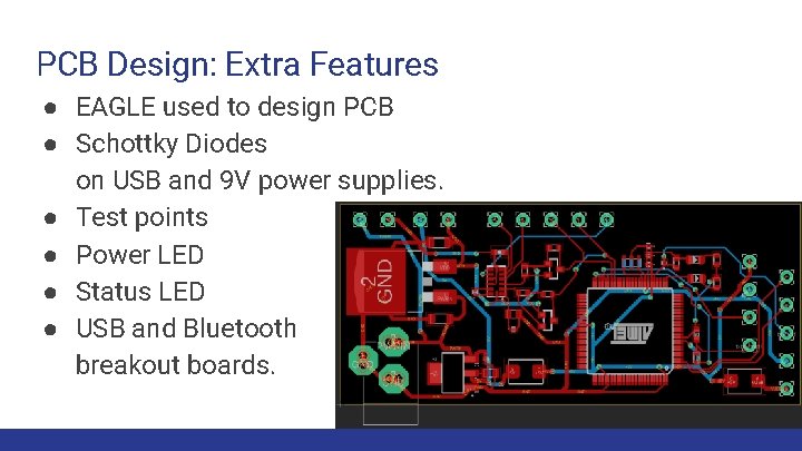 PCB Design: Extra Features ● EAGLE used to design PCB ● Schottky Diodes on