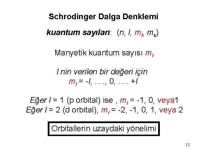 Schrodinger Dalga Denklemi kuantum sayıları: (n, l, ms) Manyetik kuantum sayısı ml l nin
