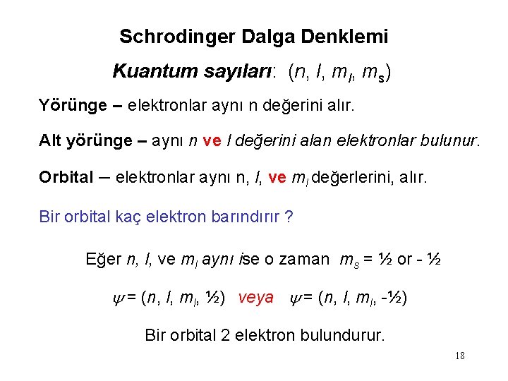 Schrodinger Dalga Denklemi Kuantum sayıları: (n, l, ms) Yörünge – elektronlar aynı n değerini