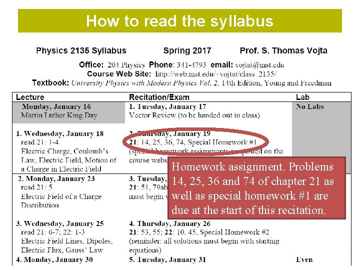 How to read the syllabus Homework assignment. Problems 14, 25, 36 and 74 of