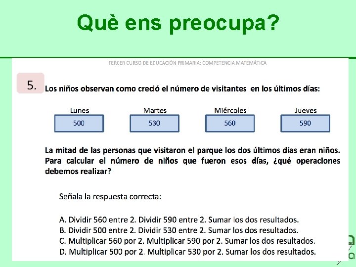 Què ens preocupa? • • Confusió i incertesa. Revàlides LOMCE. Rànkings. Continguts vs competències.