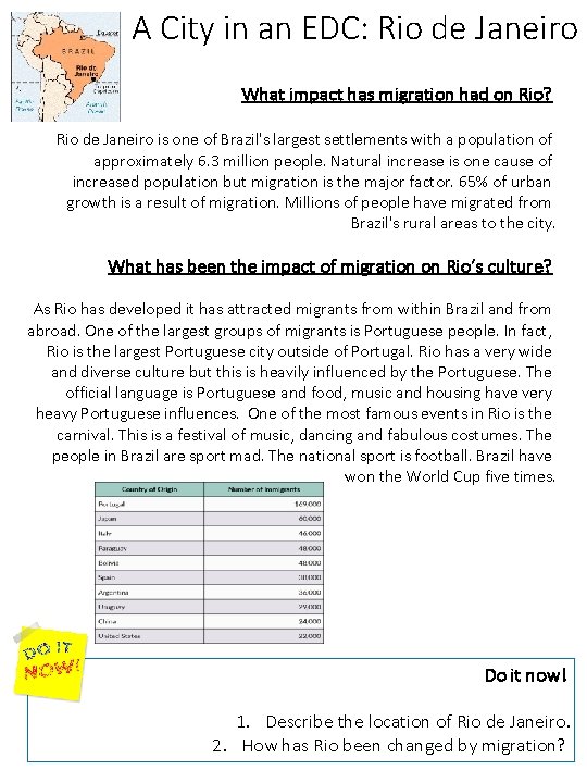 A City in an EDC: Rio de Janeiro What impact has migration had on