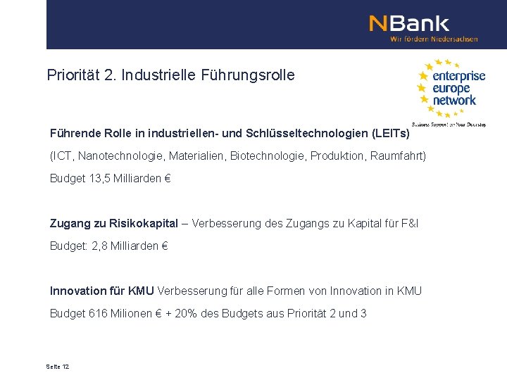 Priorität 2. Industrielle Führungsrolle Führende Rolle in industriellen- und Schlüsseltechnologien (LEITs) (ICT, Nanotechnologie, Materialien,