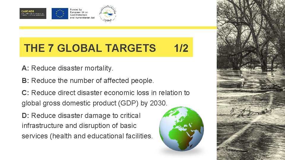 THE 7 GLOBAL TARGETS 1/2 A: Reduce disaster mortality. B: Reduce the number of