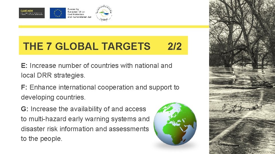 THE 7 GLOBAL TARGETS 2/2 E: Increase number of countries with national and local