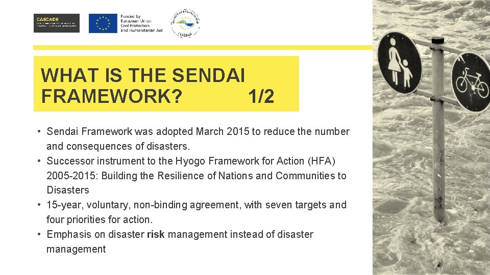 WHAT IS THE SENDAI FRAMEWORK? 1/2 • Sendai Framework was adopted March 2015 to