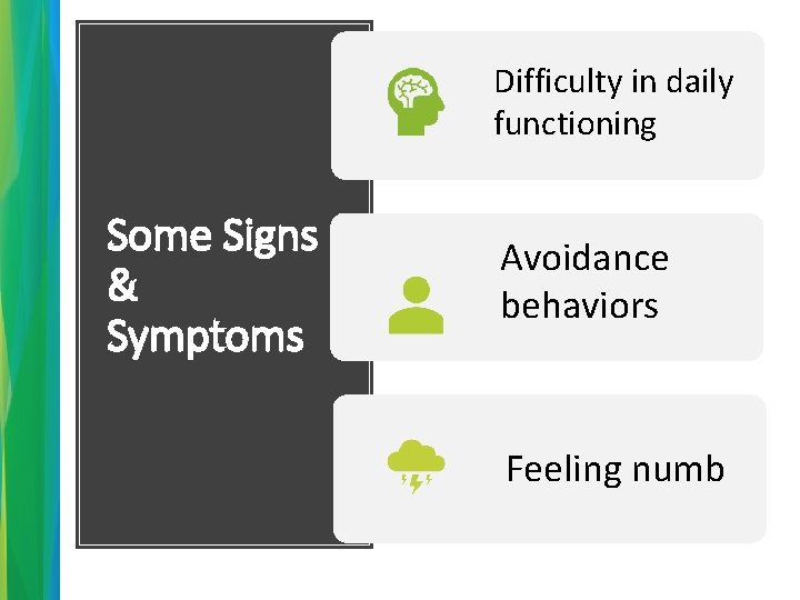Difficulty in daily functioning Some Signs & Symptoms Avoidance behaviors Feeling numb 