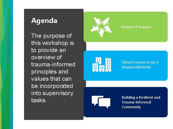 Agenda The purpose of this workshop is to provide an overview of trauma-informed principles