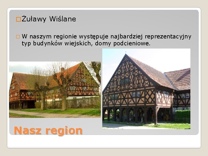 � Żuławy Wiślane �W naszym regionie występuje najbardziej reprezentacyjny typ budynków wiejskich, domy podcieniowe.