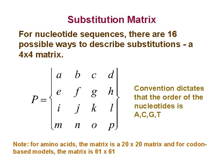 Substitution Matrix For nucleotide sequences, there are 16 possible ways to describe substitutions -