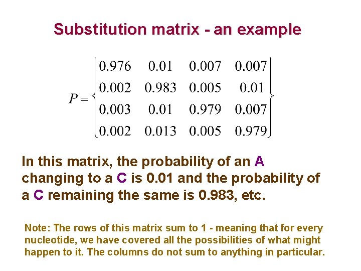 Substitution matrix - an example In this matrix, the probability of an A changing