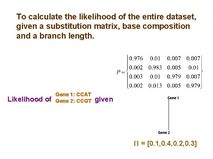 To calculate the likelihood of the entire dataset, given a substitution matrix, base composition