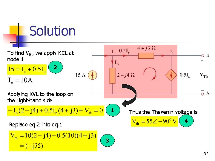 Solution To find Vth, we apply KCL at node 1 2 Applying KVL to