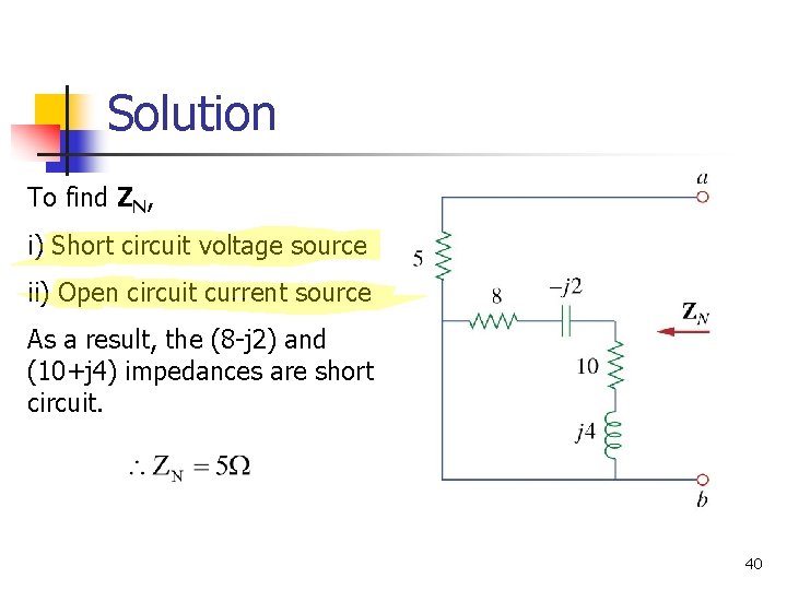 Solution To find ZN, i) Short circuit voltage source ii) Open circuit current source