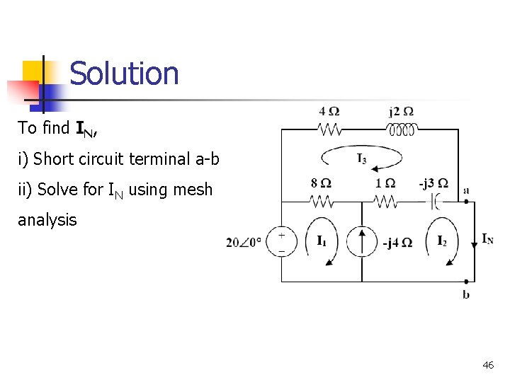 Solution To find IN, i) Short circuit terminal a-b ii) Solve for IN using