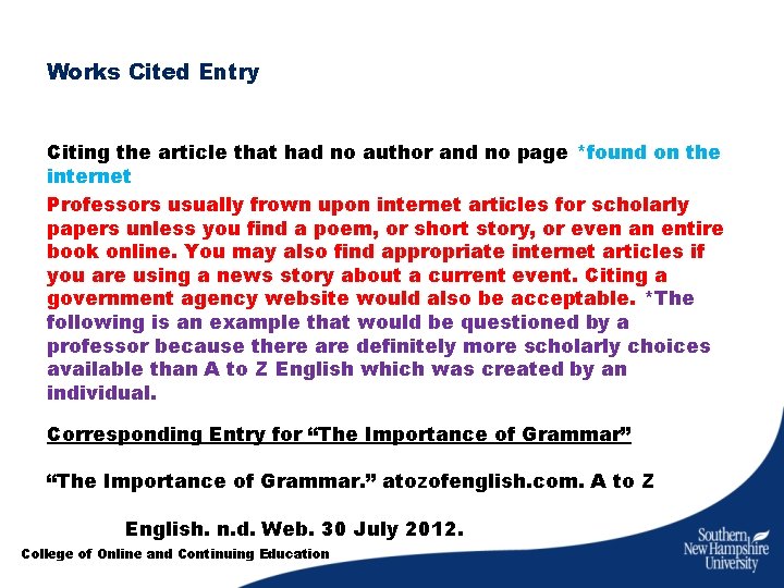 Works Cited Entry Citing the article that had no author and no page *found