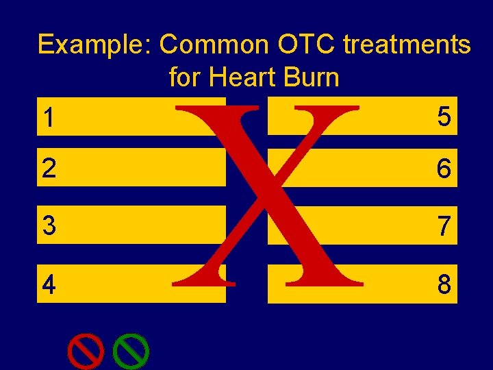 Example: Common OTC treatments for Heart Burn Bismith 5 1 Calcium Carbonate X 2