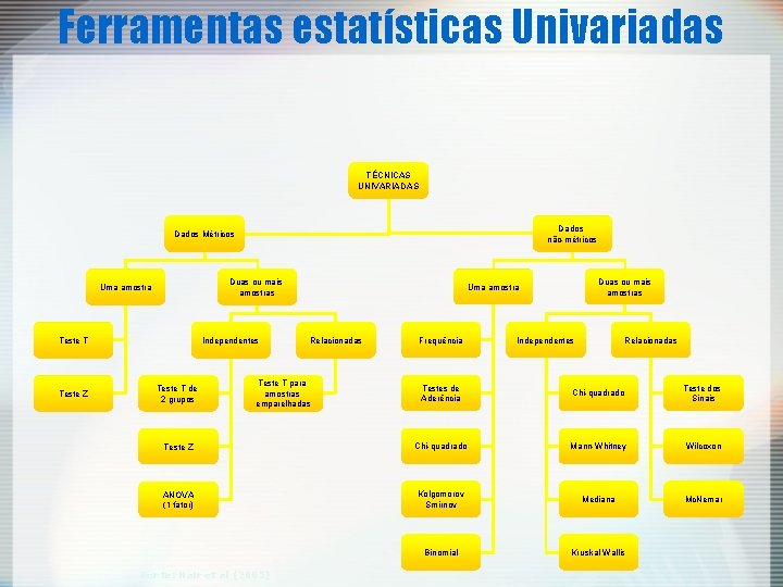 Ferramentas estatísticas Univariadas TÉCNICAS UNIVARIADAS Dados não-métricos Dados Métricos Duas ou mais amostras Uma Ferramentas estatísticas Univariadas TÉCNICAS UNIVARIADAS Dados não-métricos Dados Métricos Duas ou mais amostras Uma
