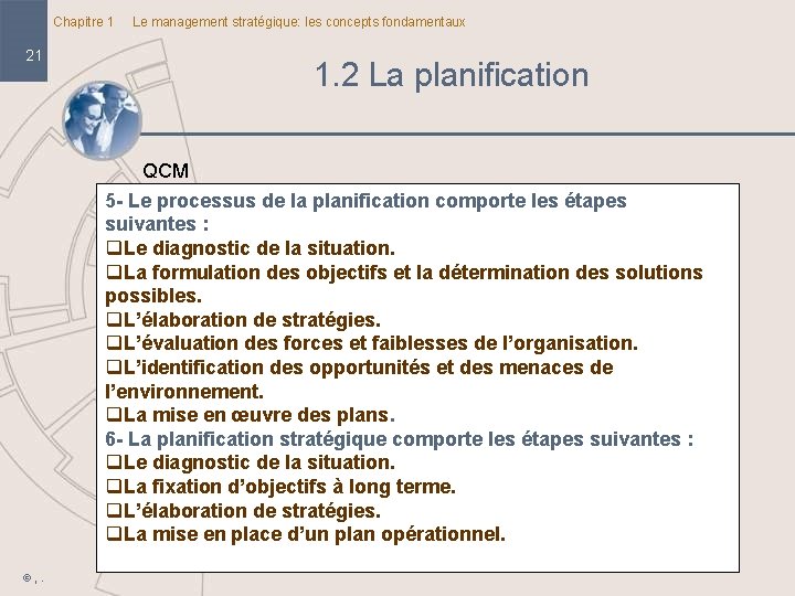 Chapitre 1 Le management stratégique: les concepts fondamentaux 21 1. 2 La planification QCM