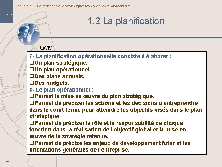 Chapitre 1 Le management stratégique: les concepts fondamentaux 22 1. 2 La planification QCM