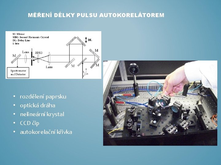 MĚŘENÍ DÉLKY PULSU AUTOKORELÁTOREM • • • rozdělení paprsku optická dráha nelineární krystal CCD