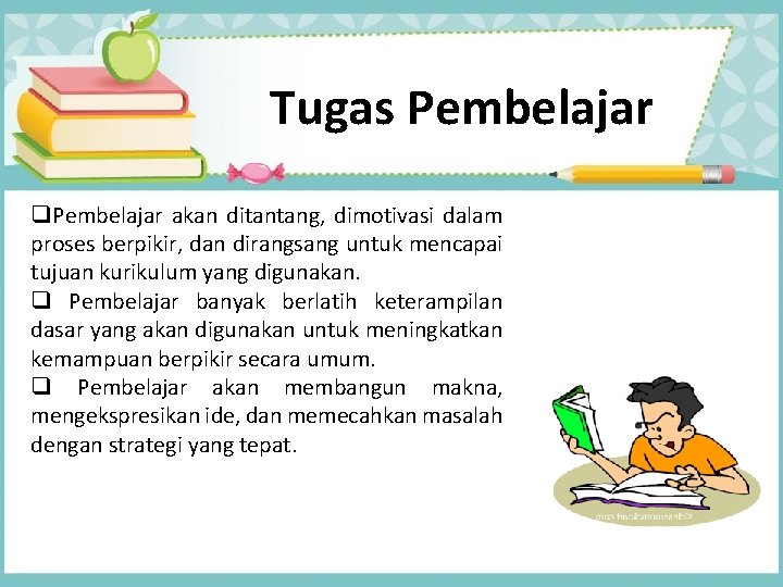 Tugas Pembelajar q. Pembelajar akan ditantang, dimotivasi dalam proses berpikir, dan dirangsang untuk mencapai