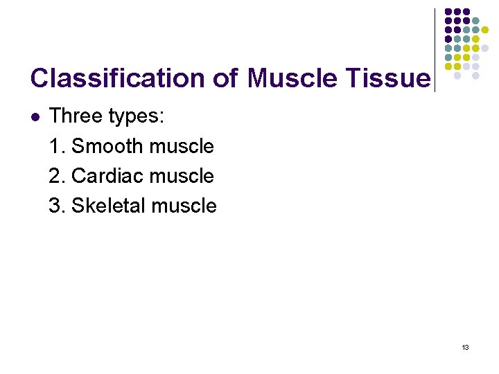 Classification of Muscle Tissue l Three types: 1. Smooth muscle 2. Cardiac muscle 3.