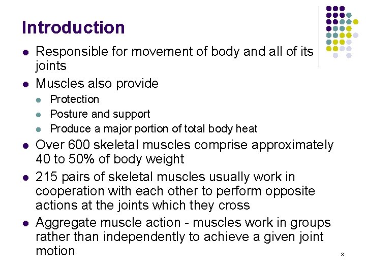 Introduction l l Responsible for movement of body and all of its joints Muscles