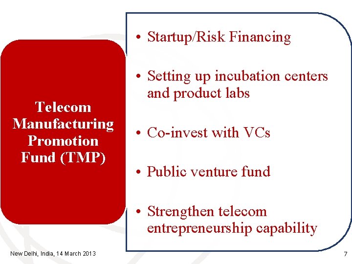  • Startup/Risk Financing Telecom Manufacturing Promotion Fund (TMP) • Setting up incubation centers