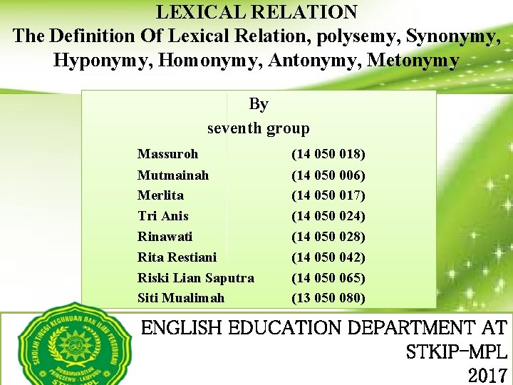 LEXICAL RELATION The Definition Of Lexical Relation, polysemy, Synonymy, Hyponymy, Homonymy, Antonymy, Metonymy By