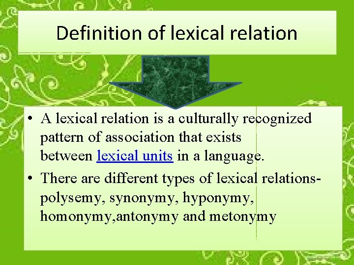 Definition of lexical relation • A lexical relation is a culturally recognized pattern of