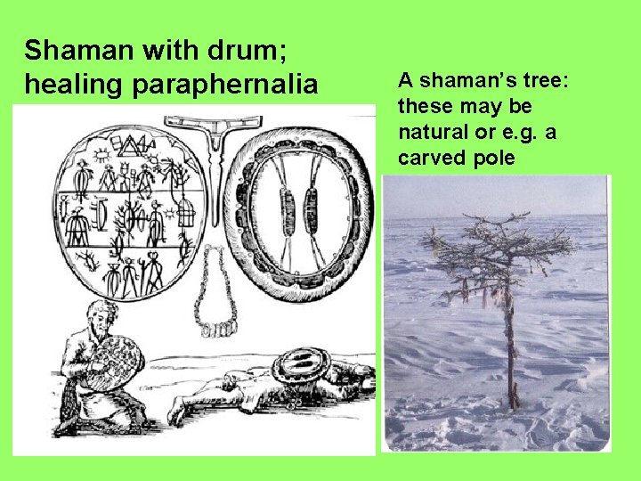 Shaman with drum; healing paraphernalia A shaman’s tree: these may be natural or e.