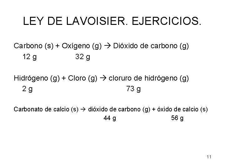 LEY DE LAVOISIER. EJERCICIOS. Carbono (s) + Oxígeno (g) Dióxido de carbono (g) 12